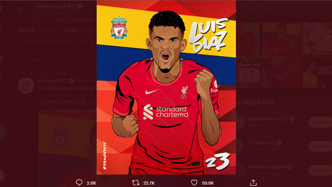 Liverpool resmi mendatangkan Luis Diaz dari FC Porto pada Minggu (30/1/2022) malam WIB.