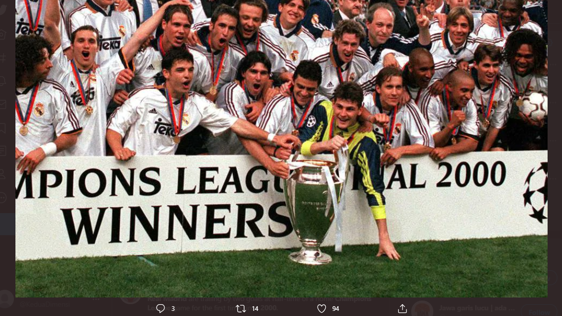 Real Madrid menjuarai Liga Champions 1999-2000 usai menekuk Valencia 3-0.