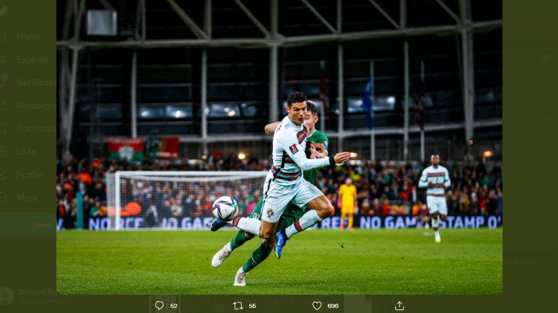 Aksi Cristiano Ronaldo di laga Republik Irlandia vs Portugal di kualifikasi Piala Dunia 2022, Jumat (12/11/2021) dini hari WIB.