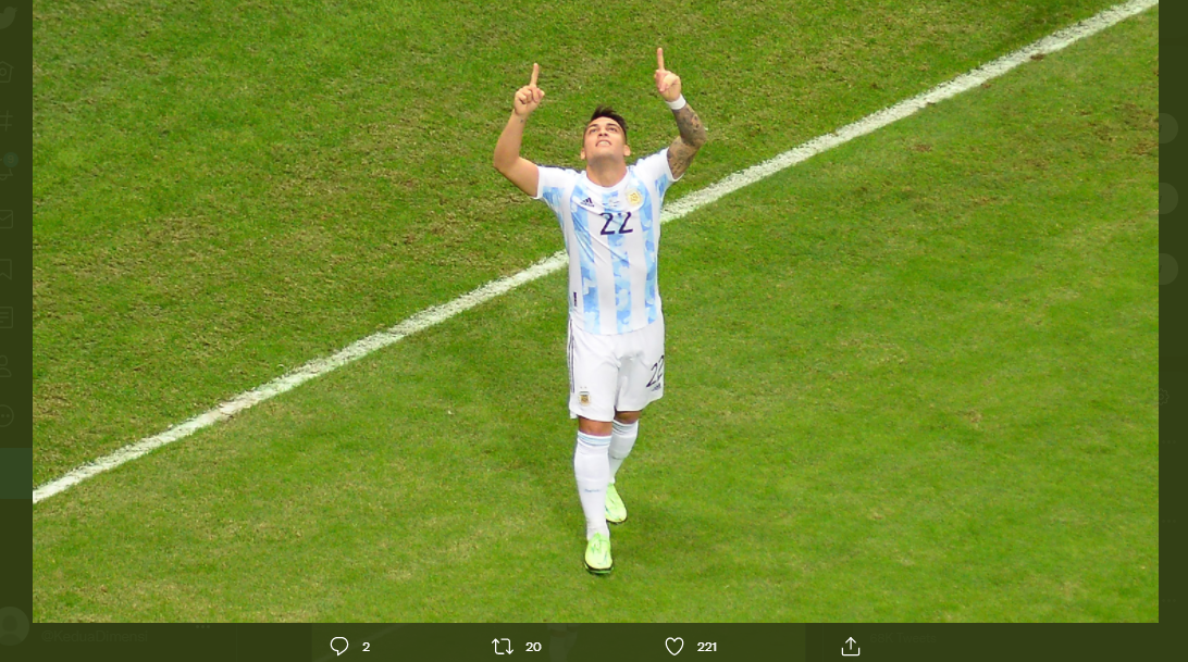 Penyerang Argentina, Lautaro Martinez, merayakan golnya lawan Venezuela di kualifikasi Piala Dunia 2022, Jumat (3/9/2021).