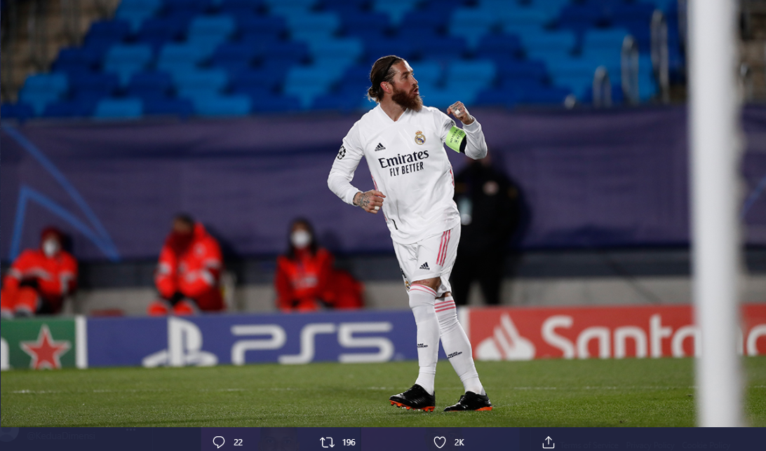 Kapten Real Madrid, Sergio Ramos, usai membobol gawang Atalanta, Rabu (17/3/2021).
