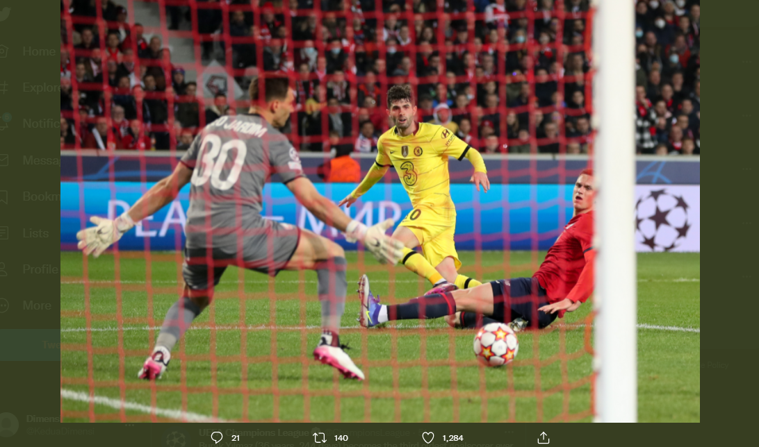 Momen gol Christian Pulisic ke gawang Leo Jardim di laga Lille vs Chelsea, Kamis (17/3/2022) dini hari WIB.