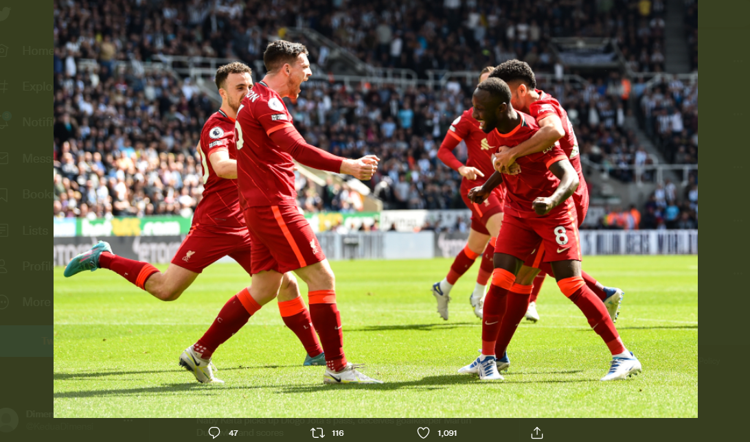 Para pemain Liverpool merayakan gol Naby Keita ke gawang Newcastle United, Sabtu (30/4/2022) malam WIB.
