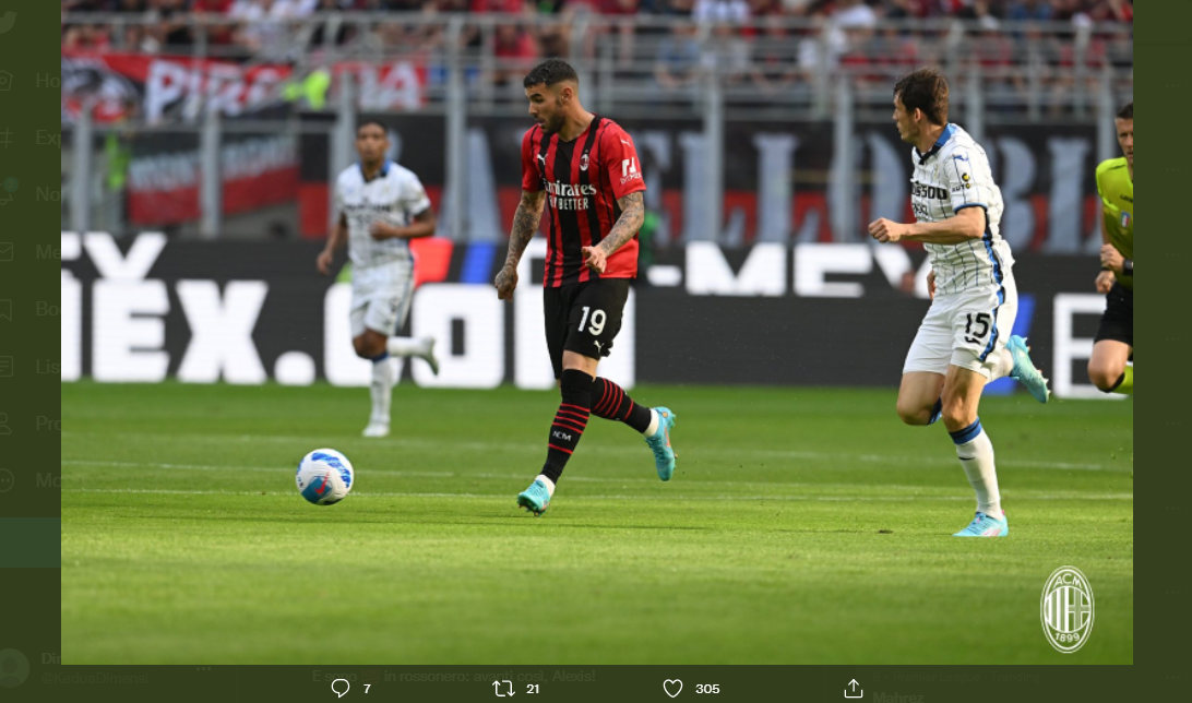 Theo Hernandez dalam laga AC Milan vs Atalanta, Minggu (15/5/2022) malam.