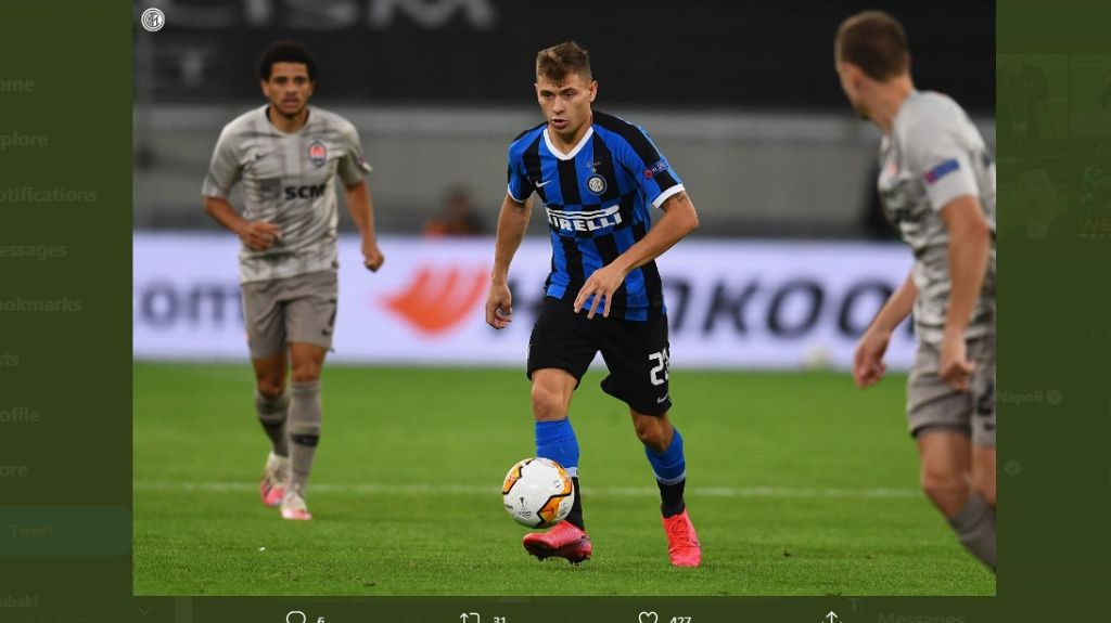 Gelandang Inter Milan, Nicolo Barella, saat melawan Shakhtar Donetsk di Liga Europa.