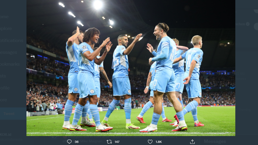 Para pemain Manchester CIty merayakan gol dalam sebuah pertandingan.