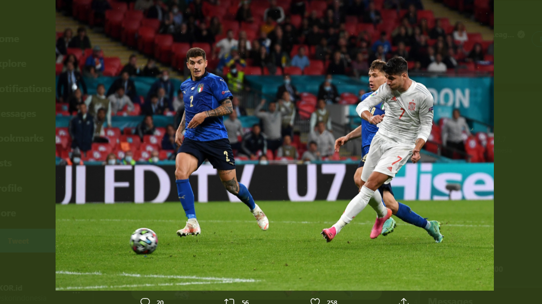 Alvaro Morata saat mencetak gol untuk Spanyol ke gawang Italia di semifinal Piala Eropa 2020.