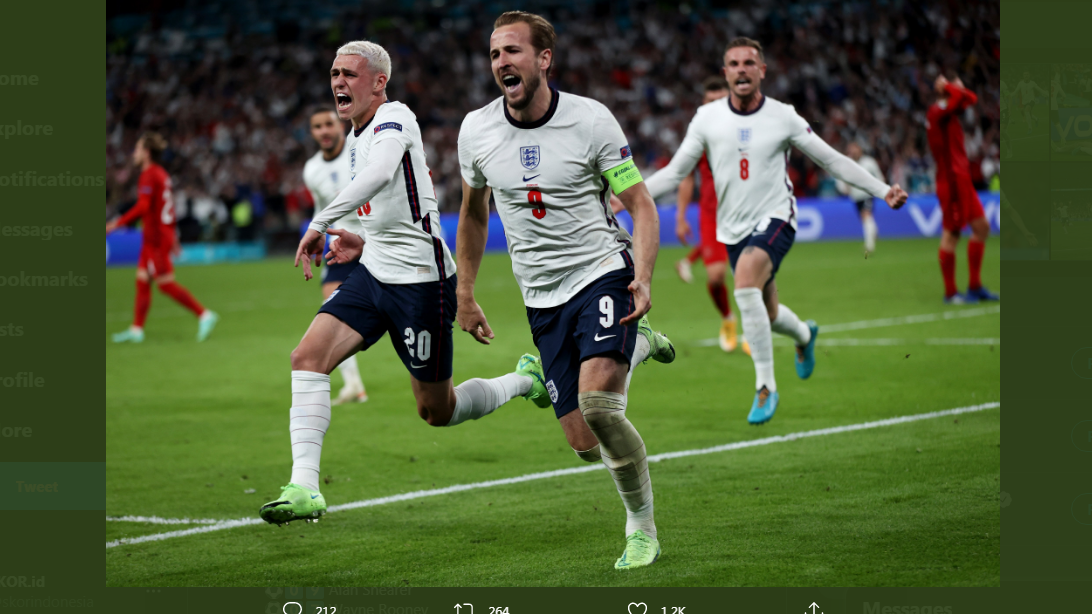 Para pemain timnas Inggris merayakan gol Harry Kane ke gawang Denmark di semifinal Piala Eropa 2020.