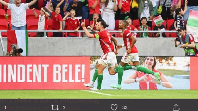 Pemain timnas Hungaria, Dominik Szoboszlai, merayakan gol dalam laga lawan Inggris, Sabtu (4/6/2022) malam.