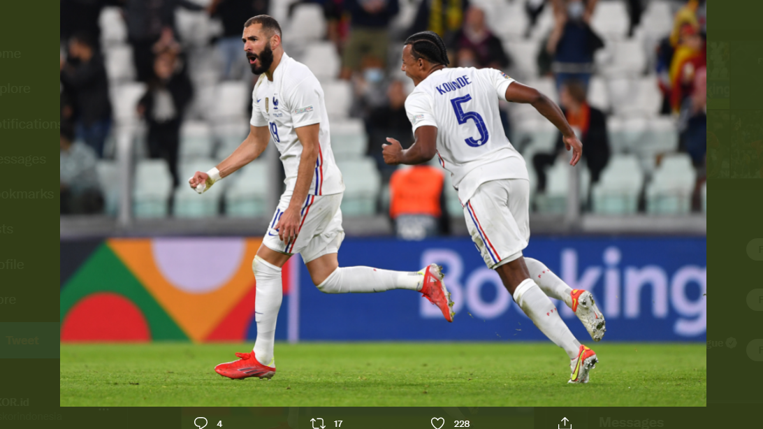 Karim Benzema merayakan gol untuk Prancis ke gawang Belgia di UEFA Nations League.