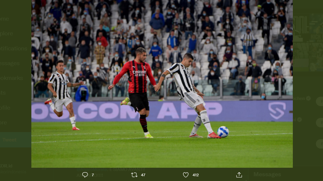 Alvaro Morata saat mencetak gol pada laga Juventus vs AC Milan di Liga Italia.