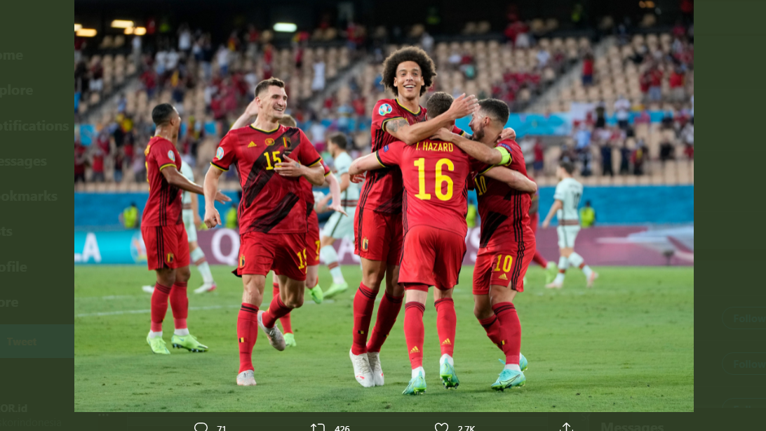 Para pemain Belgia merayakan gol ke gawang Portugal pada laga Piala Eropa 2020.