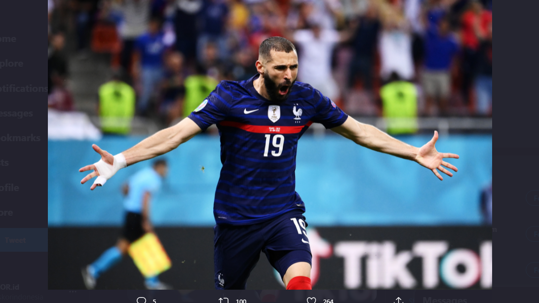 Karim Benzema saat mencetak gol untuk timnas Prancis ke gawang Swiss di Piala Eropa 2020.