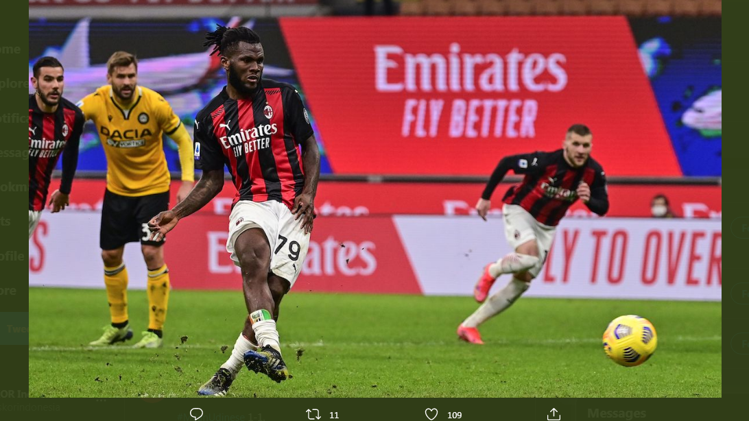 Franck Kessie mencetak gol penalti saat AC Milan imbang lawan Udinese di Liga Italia.