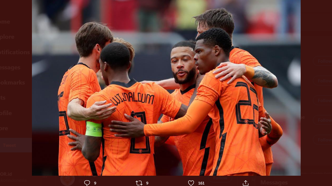 Pemain timnas Belanda merayakan gol ke gawang Georgia.