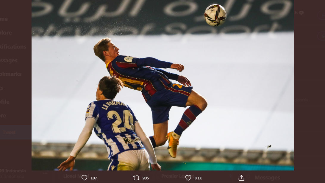 Frenkie de Jong mencetak gol untuk Barcelona di semifinal Piala Super Spanyol lawan Real Sociedad.