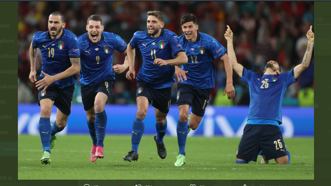 Para pemain Italia merayakan kemenangan lawan Spanyol di Piala Eropa 2020.
