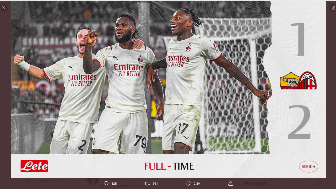 AC Milan berhasil mengalahkan AS Roma dengan skor 2-1 pada pekan ke-11 Liga Italia 2021-2022.