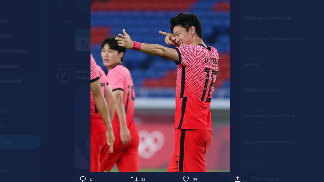 Penyerang Korea Selatan, Ui-jo Hwang, saat cetak hat-trick lawan Honduras di Olimpiade Tokyo 2020.