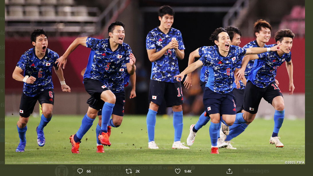Perayaan pemain timnas Jepang saat lolos semifinal Olimpiade Tokyo 2020.