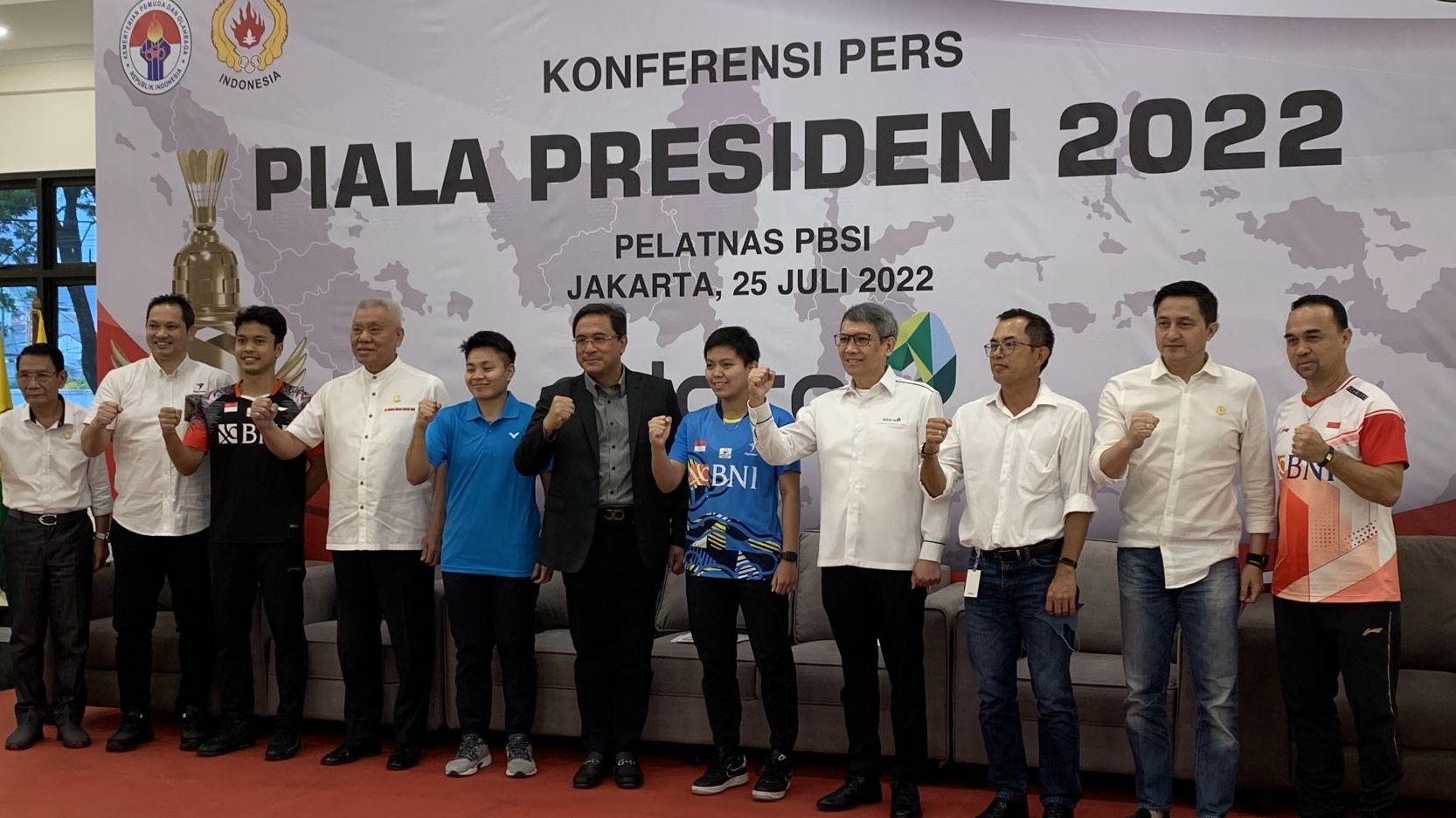 Konferensi Pers Kejuaraan Bulu Tangkis Piala Presiden 2022 yang berlangsung di Pelatnas PBSI Cipayung, Jakarta, Senin (25/7/2022).