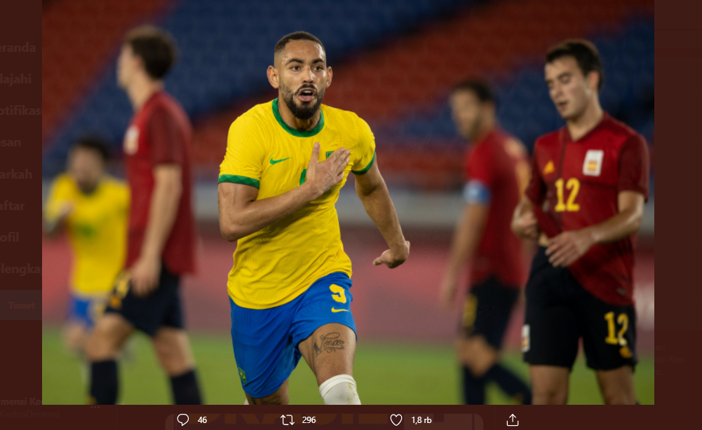 Pemain Brasil, Matheus Cunha, merayakan golnya ke gawang Spanyol di final Olimpiade Tokyo 2020, Sabtu (7/8/2021).