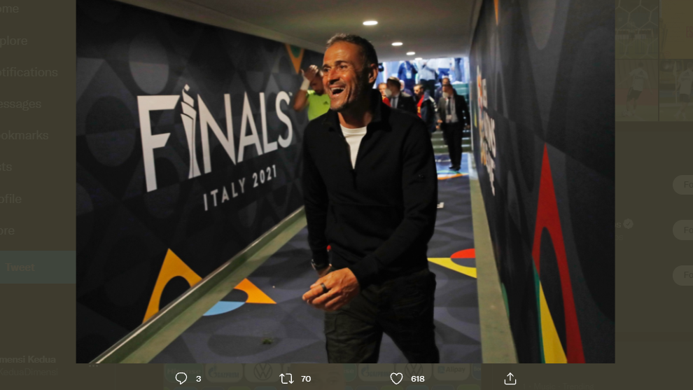 Raut kegembiraan pelatih Spanyol, Luis Enrique, setelah timnya lolos ke final UEFA Nations League 2021.