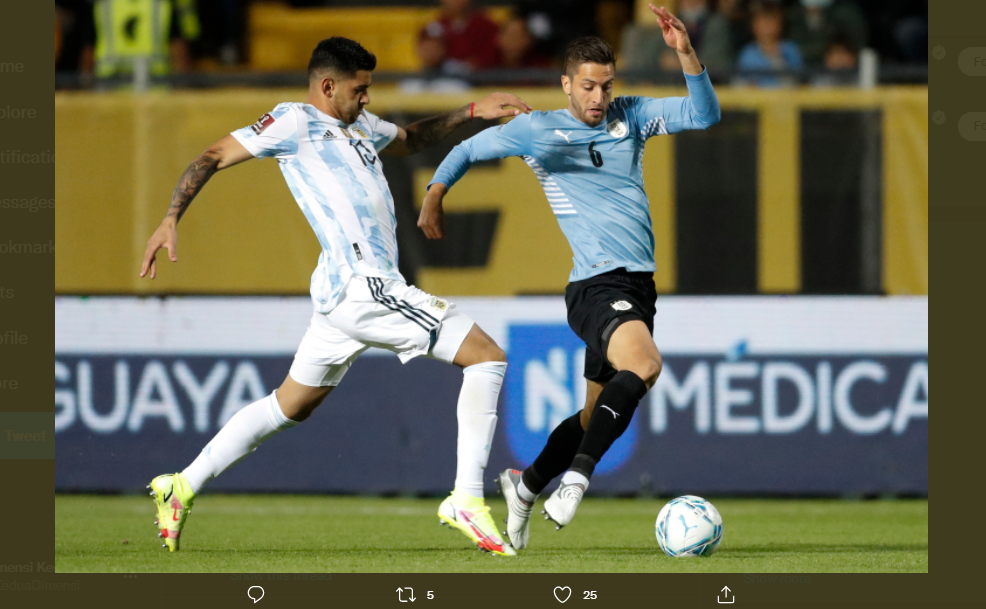 Duel Uruguay vs Argentina di kualifikasi Piala Dunia 2022, Sabtu (13/11/2021) pagi WIB.