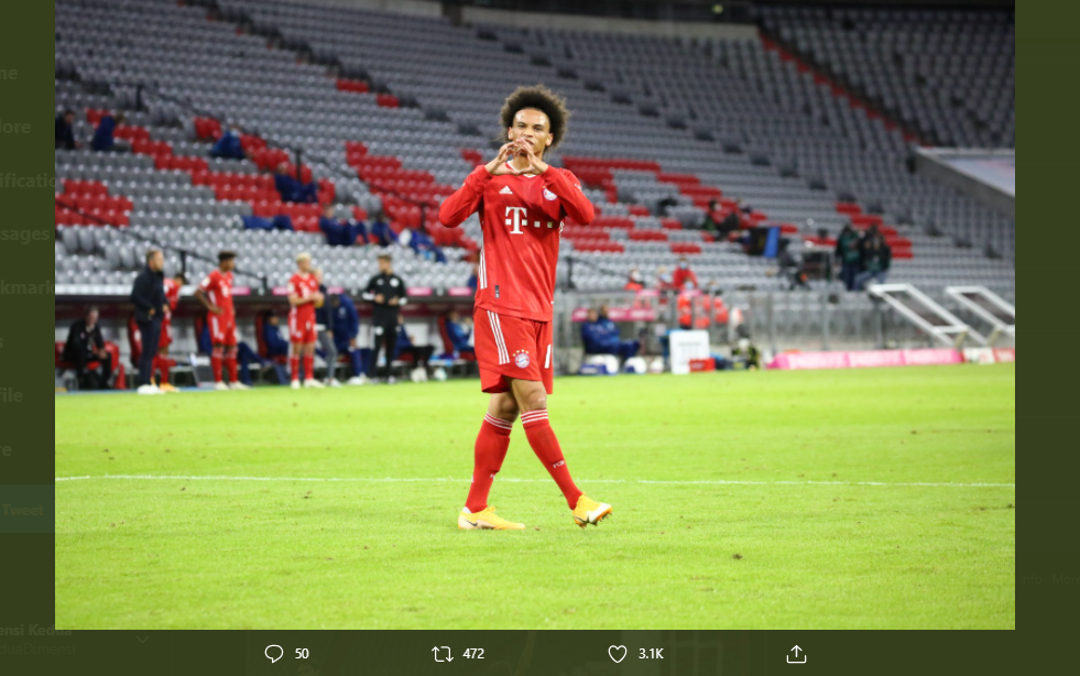 Selebrasi Leroy Sane usai mencetak gol untuk Bayern Munchen ke gawang Schalke 04, Sabtu (19/9/2020).