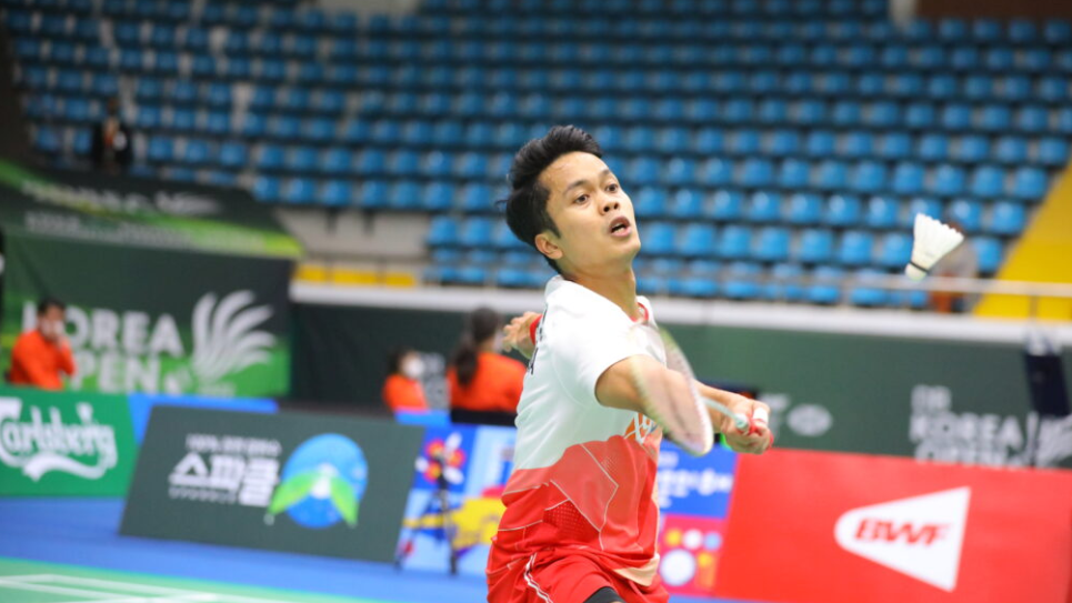 Pemain tunggal putra Indonesia, Anthony Sinisuka Ginting, saat berlaga di ajang Korea Open 2022.