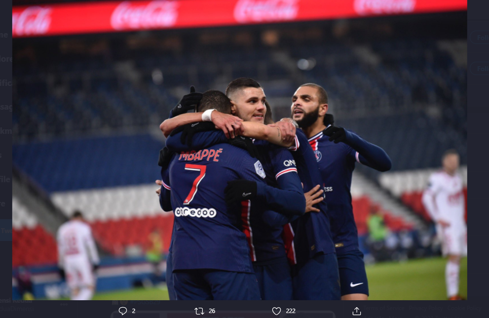 Pemain Paris Saint-Germain (PSG) merayakan gol pada laga kontra Brest, Minggu 9 Januari 2021.