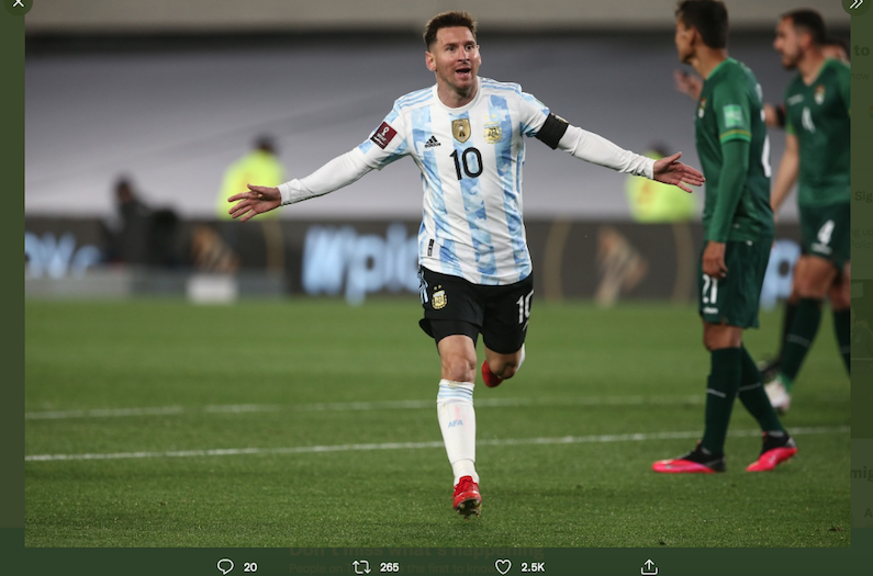 Selebrasi Lionel Messi saat mencetak gol untuk Argentina melawan Bolivia, Jumat (10/9/2021) pagi WIB.