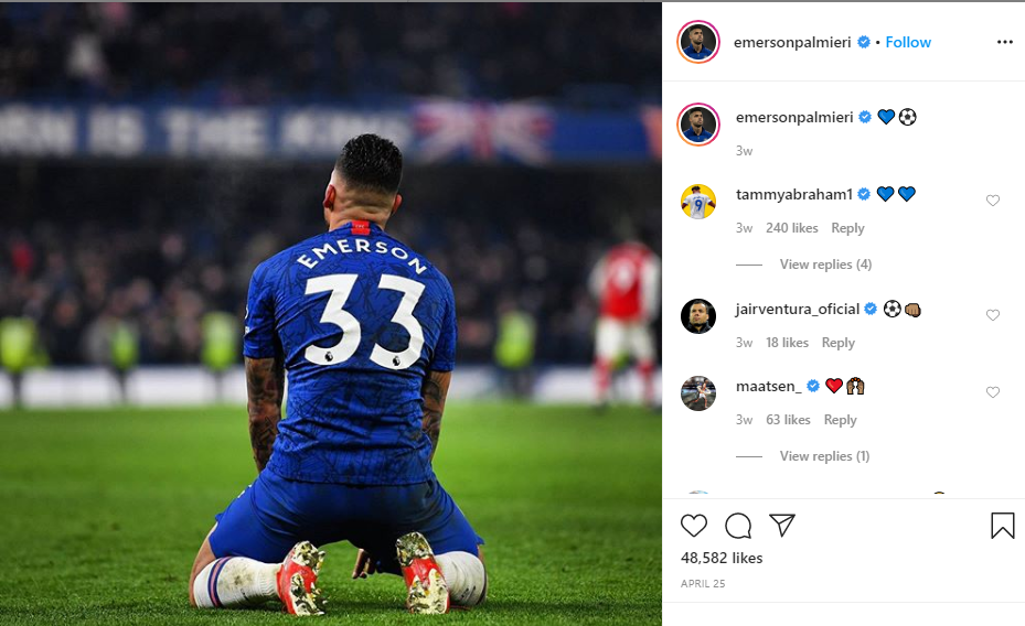 Unggahan bek kiri Chelsea, Emerson Palmieri di Instagram pribadinya pada 25 April 2020