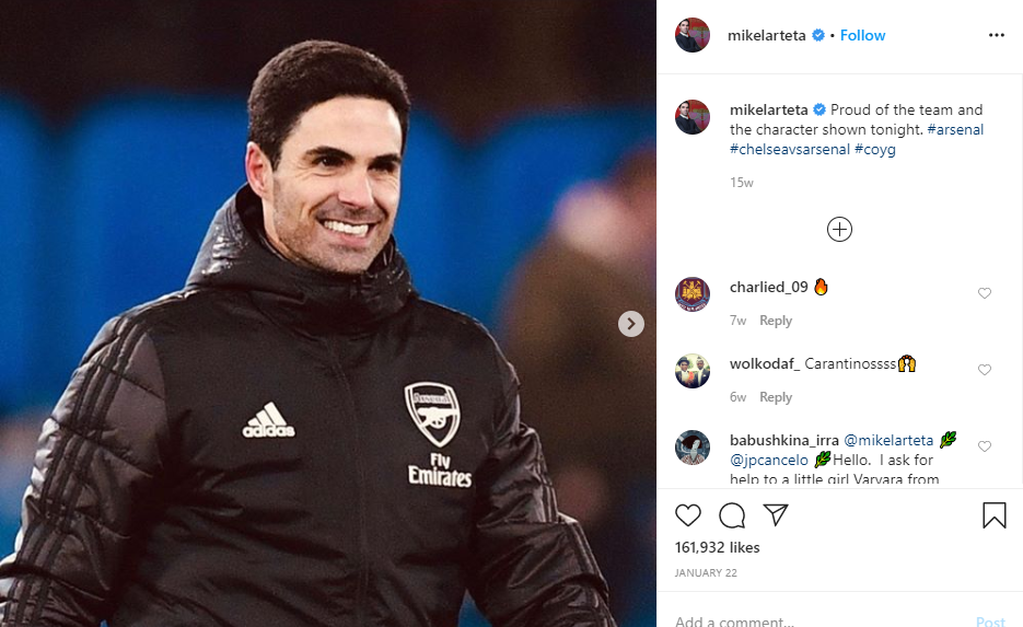 Salah satu unggahan pelatih Arsenal, Mikel Arteta di akun Instagram pribadinya pada 22 Januari 2020.