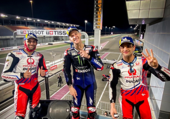 Peraih podium MotoGP Doha 2021: Johann Zarco, Fabio Quartararo, dan Jorge Martin (dari kiri ke kanan).