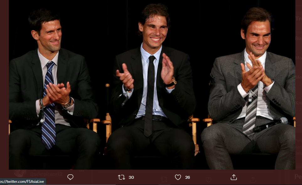 The Big Three tenis putra, Novak Djokovic, Rafael Nadal, dan Roger Federer (dari kiri ke kanan) dalam sebuah kesempatan.