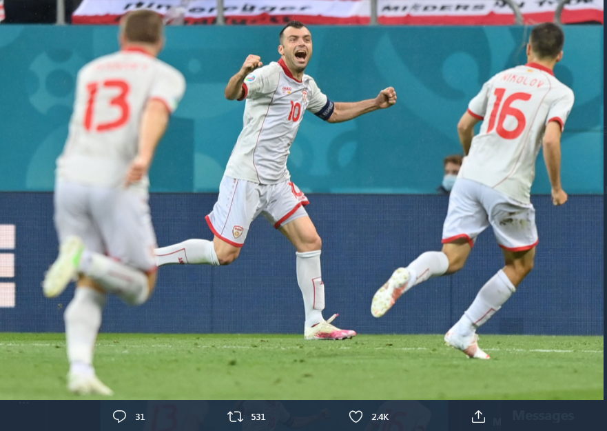 Goran Pandev mencetak gol untuk timnas Makedonia Utara ke gawang Austria di Piala Eropa 2020.