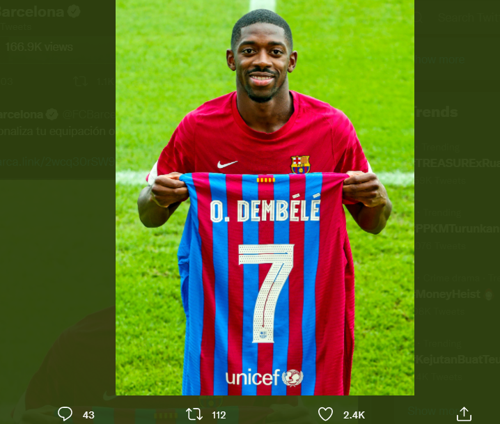 Penyerang Barcelona, Ousmane Dembele, berganti nomor punggung dari sebelas ke tujuh.