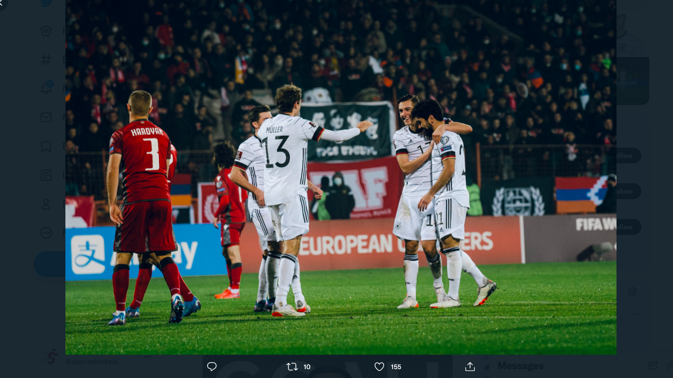 Para pemain timnas Jerman saat merayakan gol ke gawang Armenia pada kualifikasi Piala Dunia 2022.