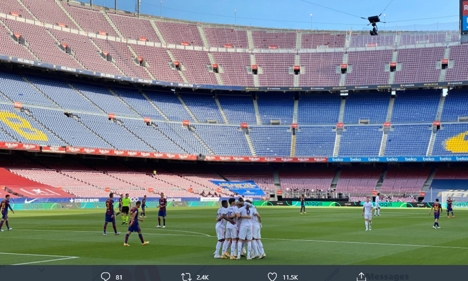 Laga El Clasico di Stadion Camp Nou ketika tanpa penonton, berakhir dengan kemenangan Real Madrid atas Barcelona, Sabtu (24/10/2020).