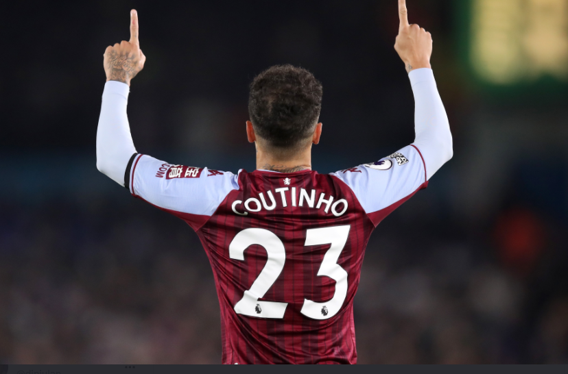 Gelandang Aston Villa, Philippe Coutinho merayakan golnya ke gawang Leeds United di Liga Inggris, Jumat (11/3/2022(.