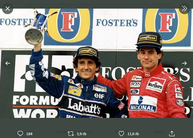 Alain Prost (kiri) mampu 51 kali memenangi lomba (109 start), 106 finis podium, 33 pole position, 41 lap tercepat, dan empat gelar juara dunia (1985, 1986, 1989, 1993) dalam dua periode berkarier di F1. Tampak ia bersama rival abadi, Ayrton Senna, usai GP Australia 1993.