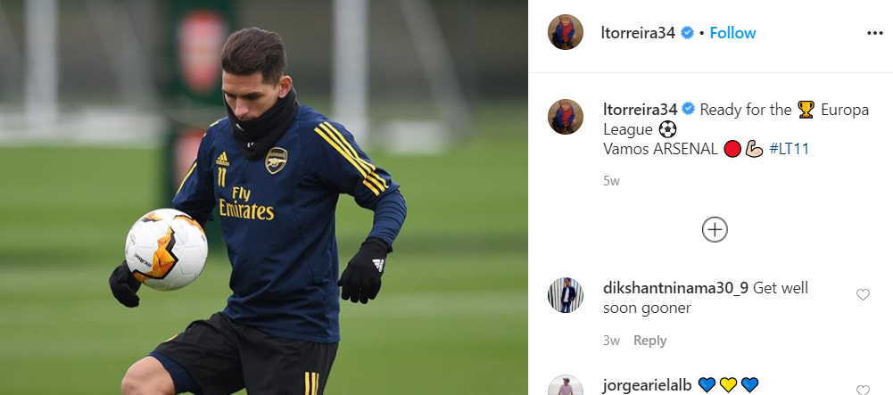Gelandang Arsenal, Lucas Torreira, saat menjalani sesi latihan bersama klubnya.