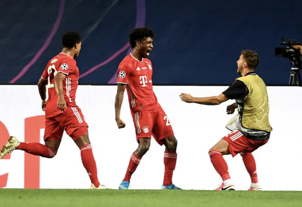 Kingsley Coman merayakan golnya pada laga PSG vs Bayern dalam final Liga Champions di Estadio da Luz, 23 Agustus 2020. 