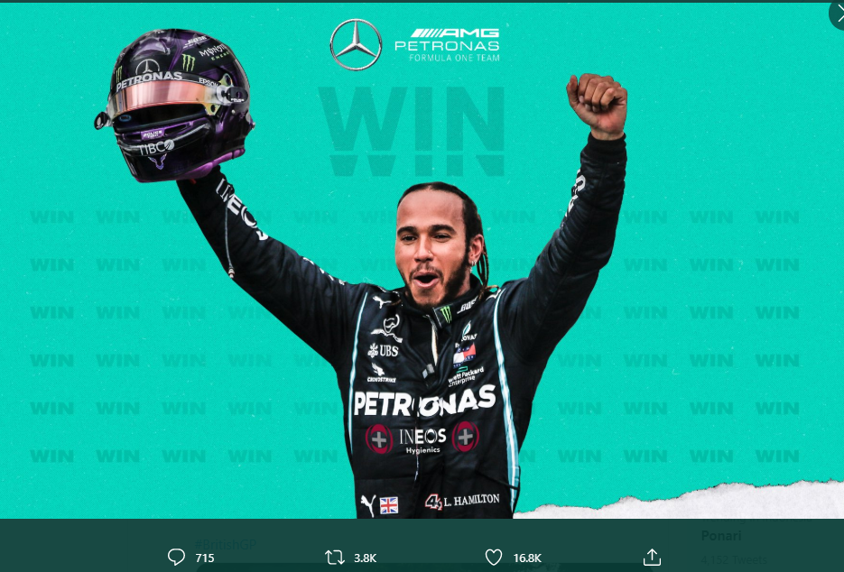 Pembalap Tim Mercedes-AMG Petronas F1, Lewis Hamilton, berhasil memenangi GP Inggris 2020 di Sirkuit Silverstone, Minggu (2/8/2020). Inilah kemenangan ketujuh Hamilton di Silverstone, terbanyak di antara pembalap lainnya.  