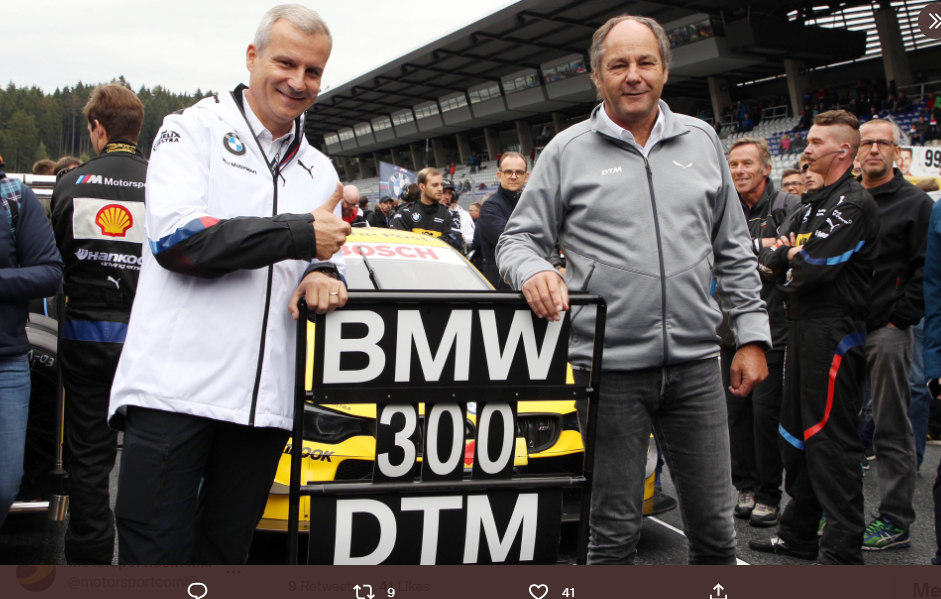 Gerhard Berger (kanan) saat selebrasi balapan ke-300 BMW di DTM pada 2018. Berger diyakini menjadi sosok paling tepat untuk memimpin Tim Scuderia Ferrari F1 menyusul mundurnya Mattia Binotto.