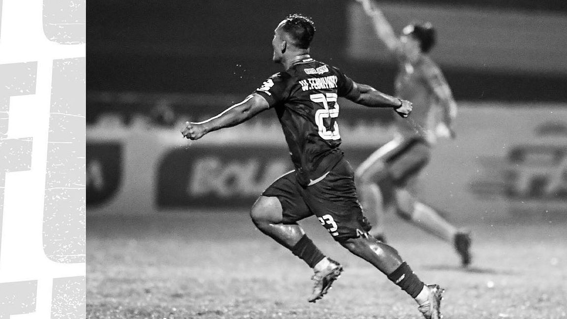 Selebrasi Wawan Febrianto seusai mencetak gol kemenangan Borneo FC atas Persija dalam laga pekan ke-14 Liga 1 2021-2022, 29 November 2021.