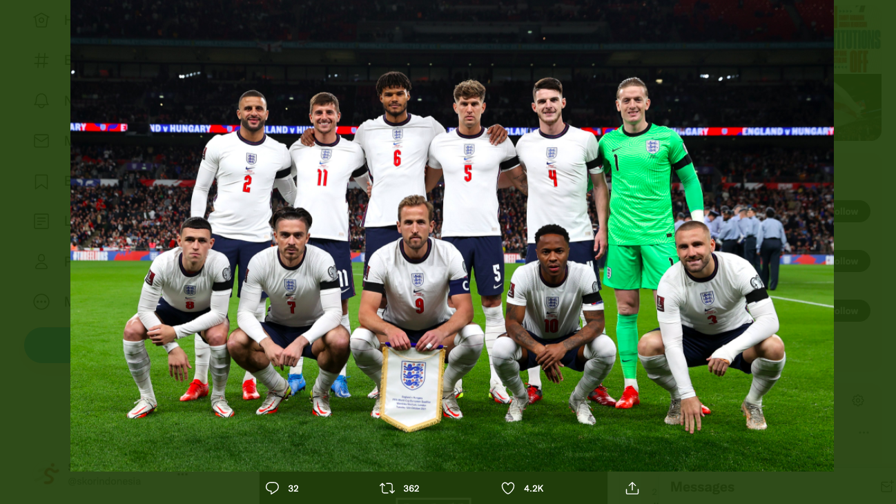 Starting XI timnas Inggris saat menghadapi Hungaria di kualifikasi Piala Dunia 2022.