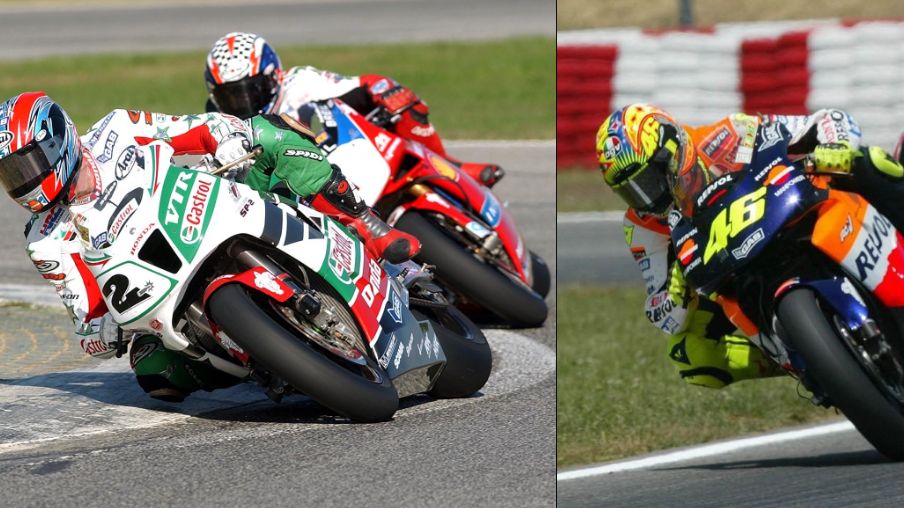 Colin Edwards dan Valentino Rossi menyatukan gelar juara dunia Superbike dan MotoGP untuk Honda pada 2002.