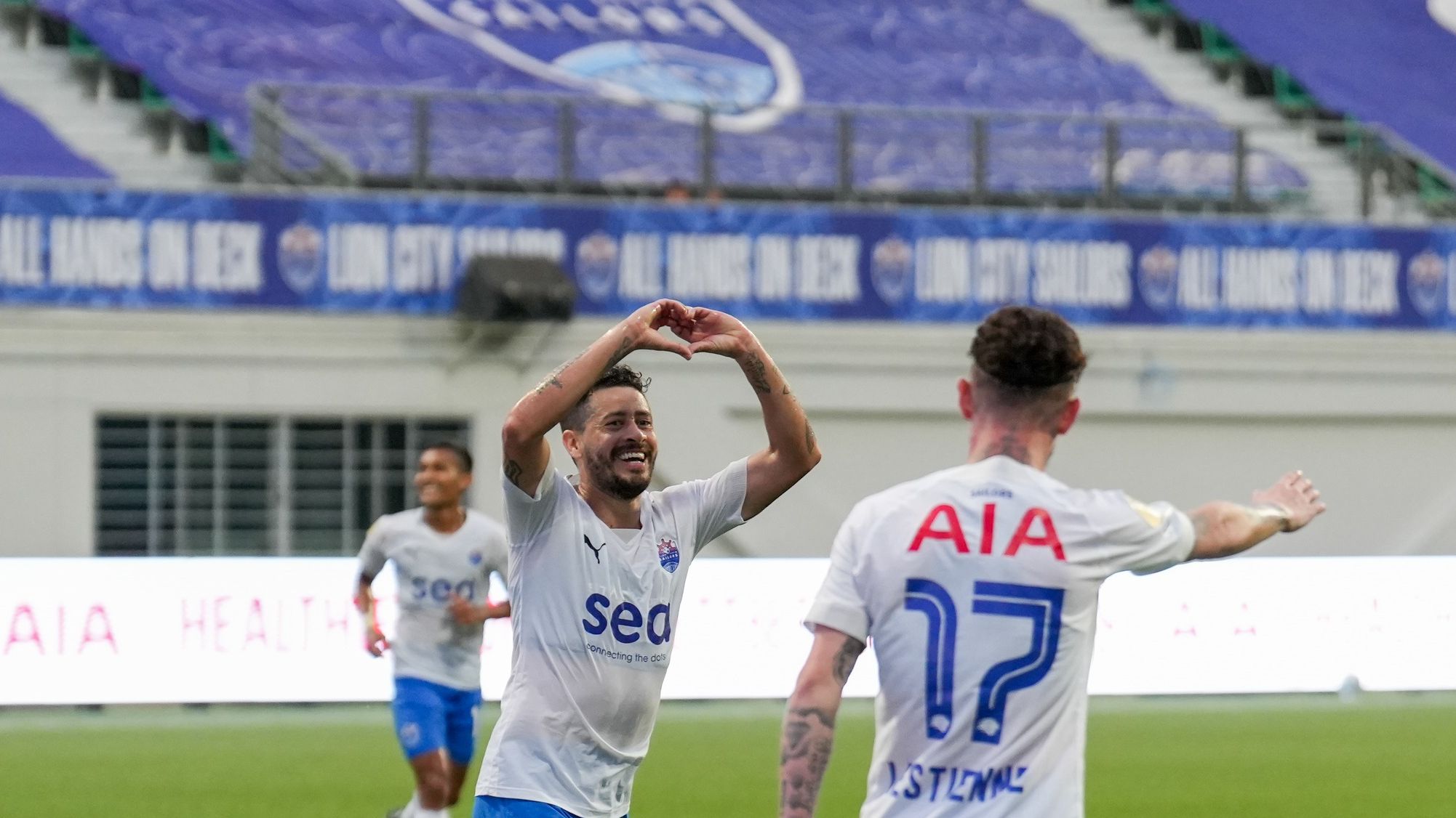 Selebrasi Diego Lopes merayakan gol Lion City Sailors ke gawang Hougang United dalam laga pekan pertama Liga Singapura 2022, 27 Februari 2022.